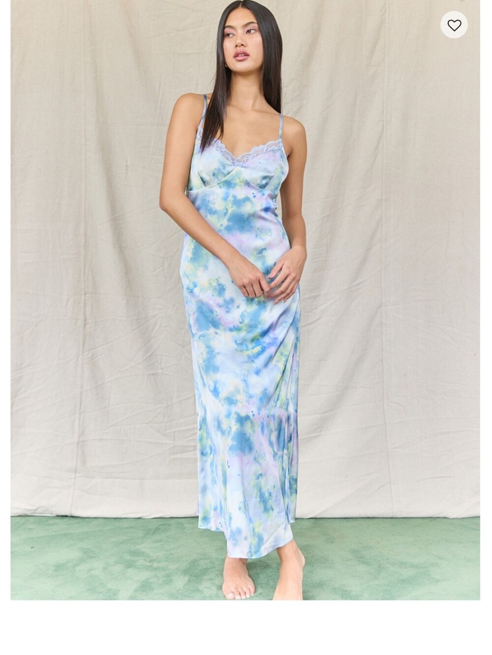 Pastel Blue & Green Tie-Dye Satin Slip Dress with Lace Trim